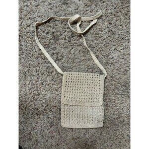 Beige Crochet Crossbody Bag 100% Rayon Lightweight Small Purse Flap Closure